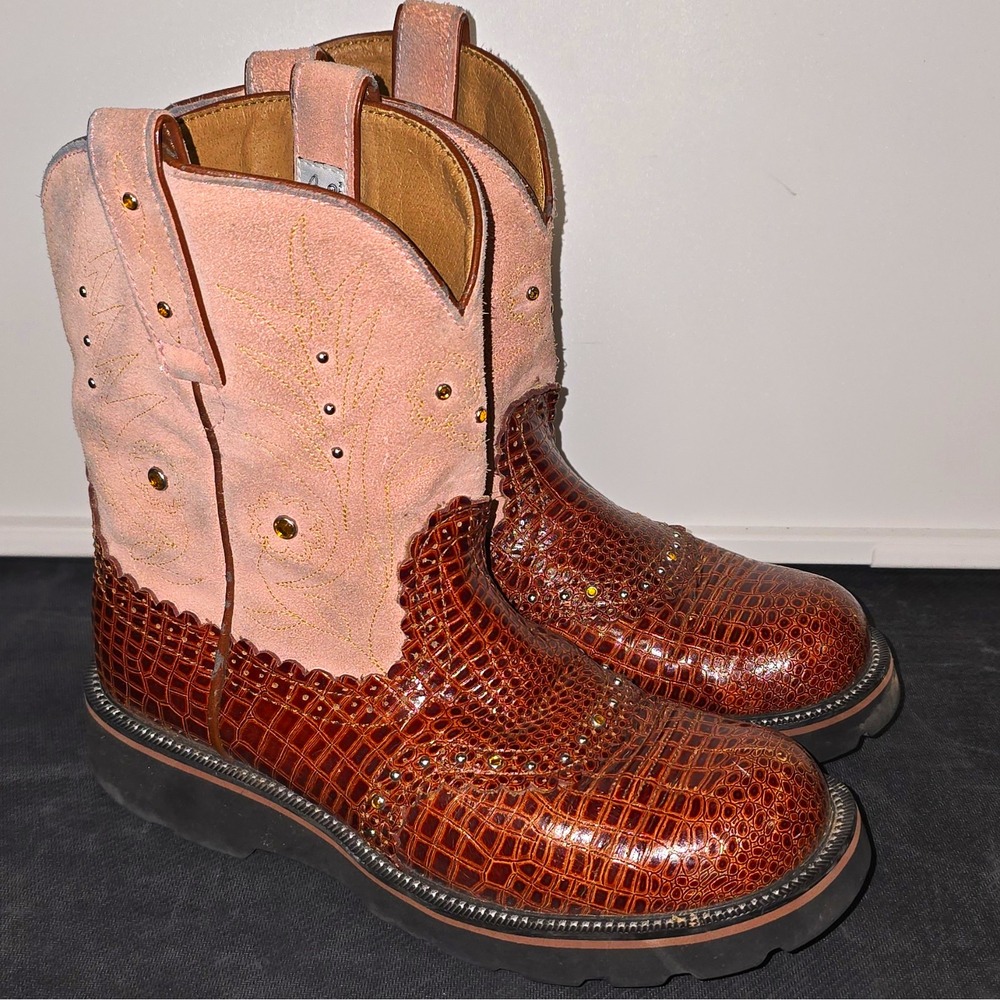 Ariat Fatbaby Women's Western Boots Brown Croc Embossed/Pink Suede US 9B